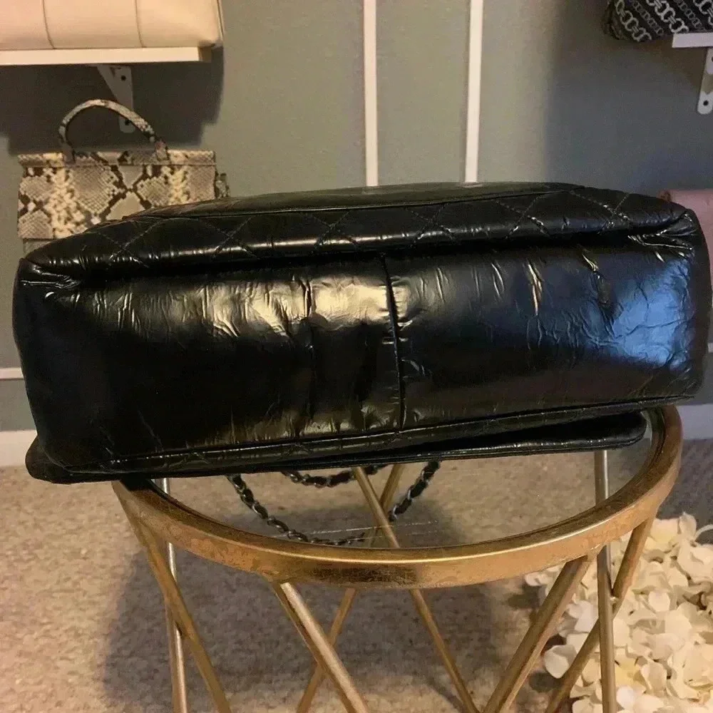 CHANEL X LARGE FLAP PATENT LEATHER QUILTED CC SHOULDER BLACK BAG {RARE FIND}